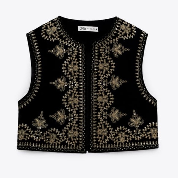 Zara Embroidered Black & Gold Velvet Vest NWT - Picture 11 of 12